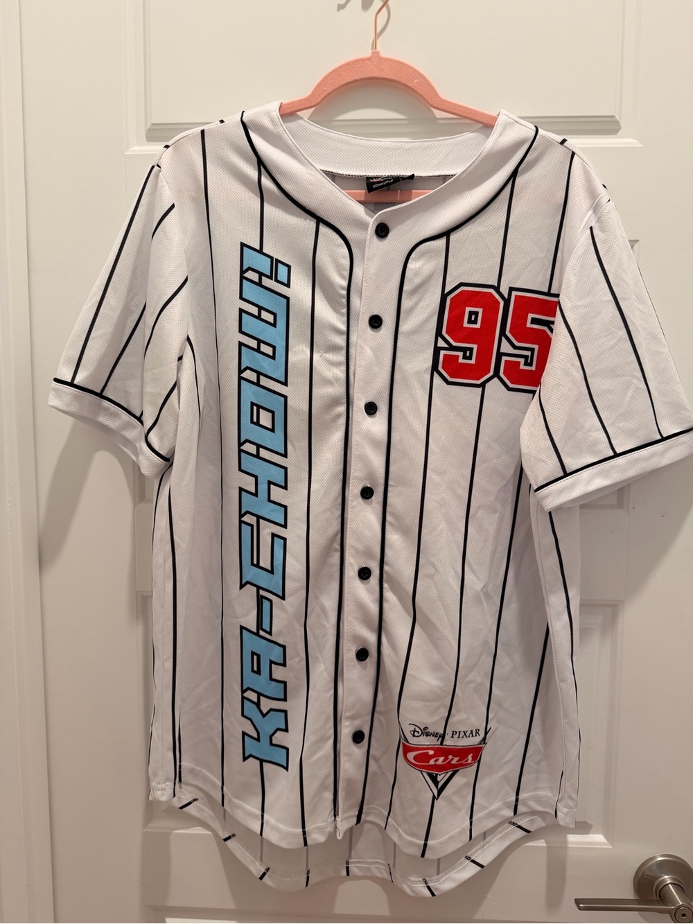 Disney Cars 'Ka-Chow' White Pinstripe Baseball Jersey with Blue & Red Accents